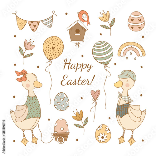 Cute Easter Geese with Balloons, Eggs and Spring Flowers – Adorable Pastel Illustration for Kids, Greeting Cards, Nursery Art, and Holiday Decor