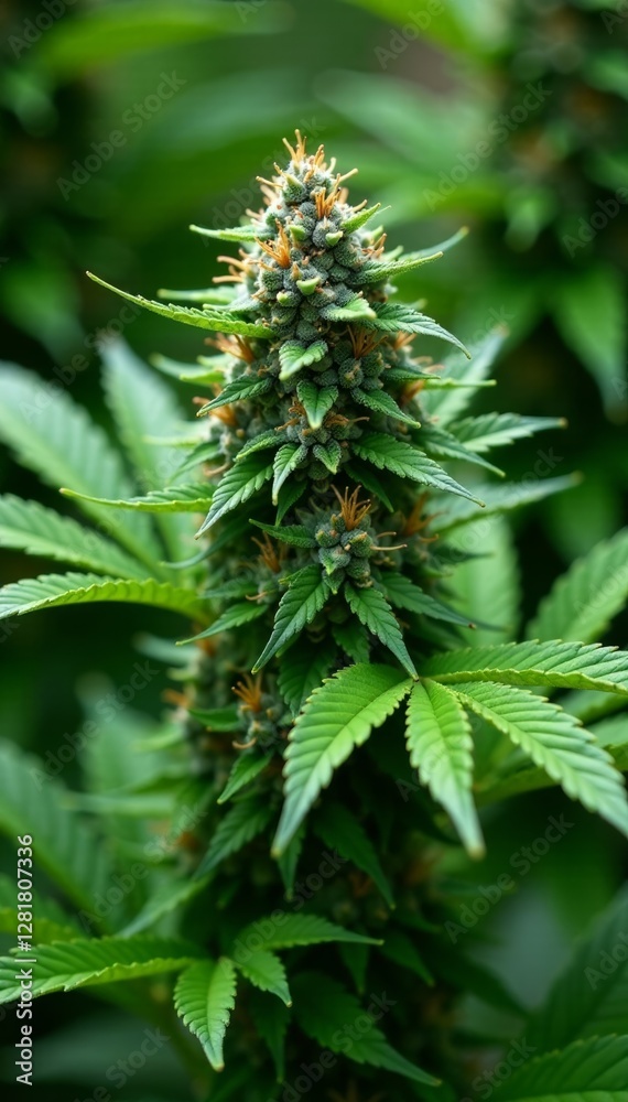 Vibrant green leaves and purple buds cover a lush outdoor marijuana plant, herb, outdoors, nature Vibrant green leaves and purple buds cover a lush outdoor marijuana plant, herb, outdoors, nature
