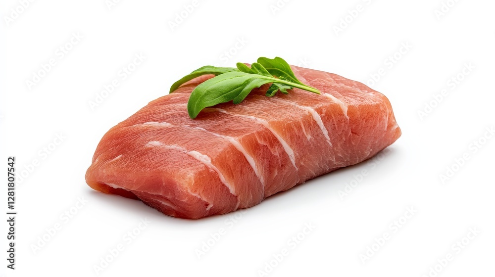 Fresh Raw Pork Tenderloin with Green Herb Garnish on White Surface Fresh Raw Pork Tenderloin with Green Herb Garnish on White Surface