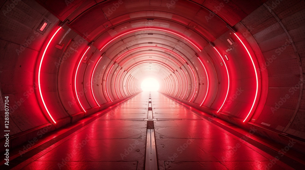 Futuristic red neon tunnel with glowing rings and silhouette figure Futuristic red neon tunnel with glowing rings and silhouette figure