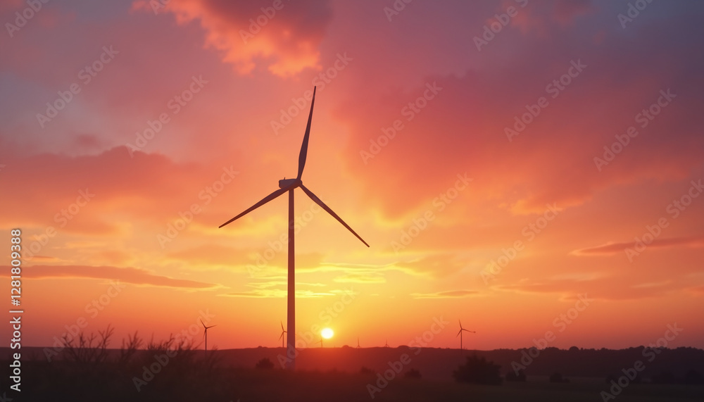 Solitary wind turbine silhouetted against a vibrant sunset sky for clean energy