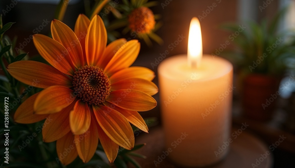 Spa setting with a vibrant orange flower and a lit candle for relaxation, with copy space Spa setting with a vibrant orange flower and a lit candle for relaxation, with copy space
