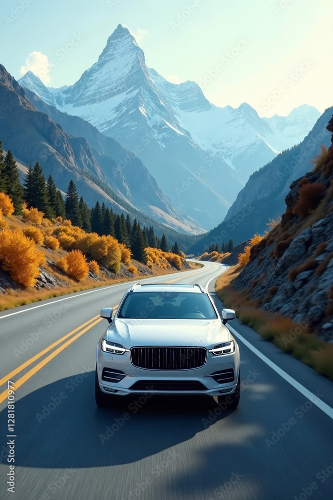 White car glides smoothly through mountain pass, landscape, serene scenery, forests White car glides smoothly through mountain pass, landscape, serene scenery, forests