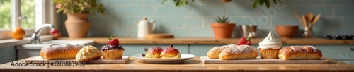 Whimsical kitchen scene with pastries and sweets, pies, kitchen decor, cakes