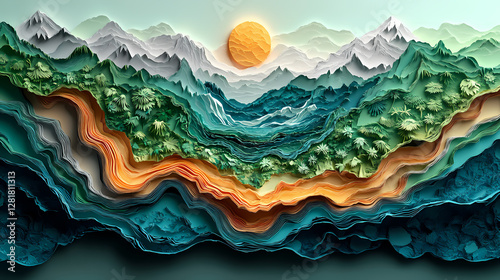 Paper Cut Art Layers of Rainforest and Ocean for Earth Day Concept with Recycled Texture and Muted Earth Tones