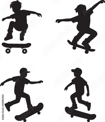 silhouette of kid skateboarding logo vector art illustration