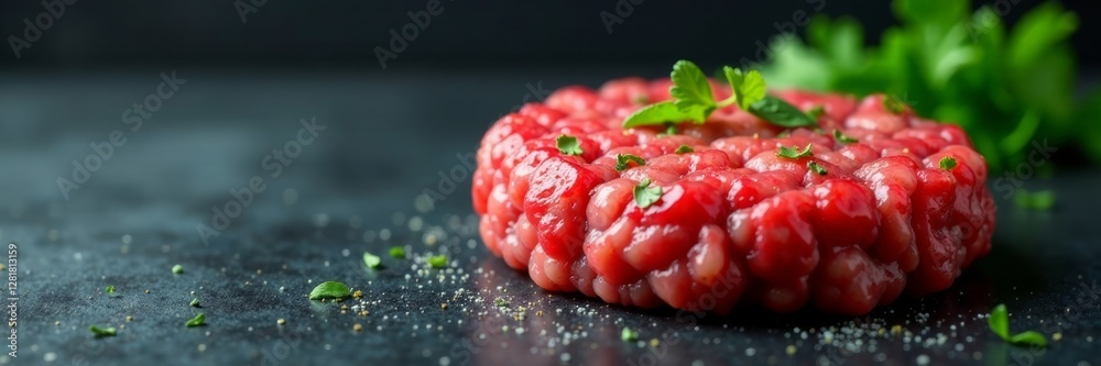 Sizzling raw minced beef patty sizzling on a blackboard, raw beef patties, blackboard food, culinary art Sizzling raw minced beef patty sizzling on a blackboard, raw beef patties, blackboard food, culinary art