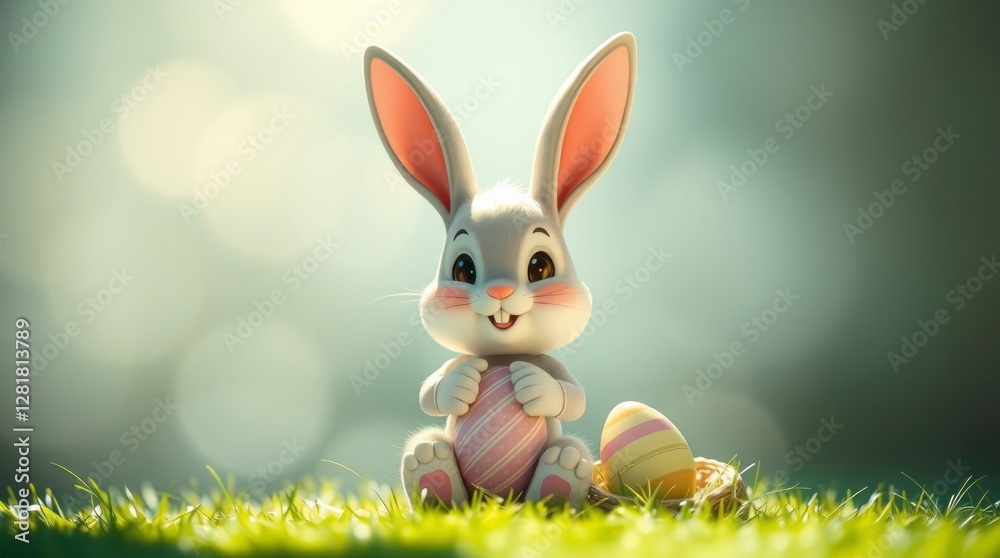 Fototapeta premium Adorable Easter Bunny Holding Egg in Grass