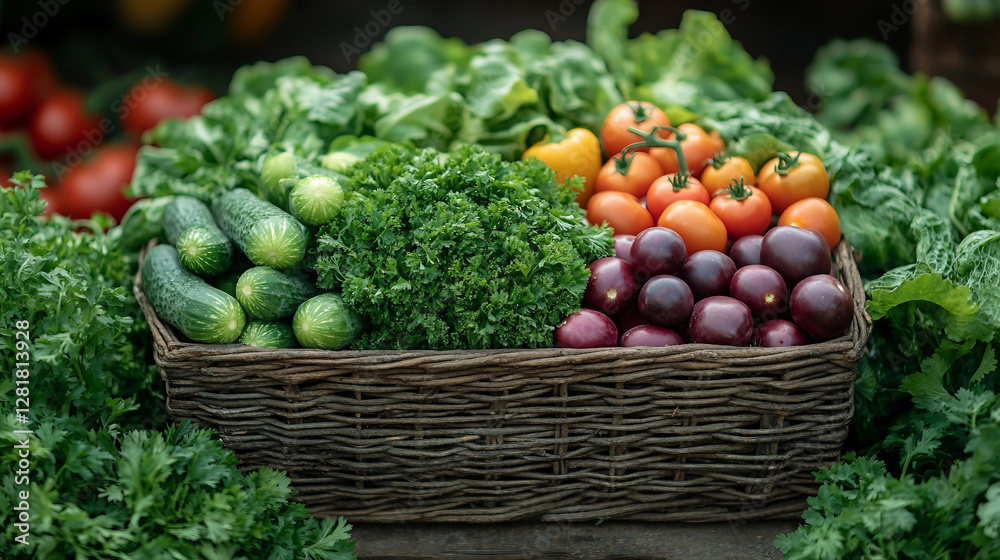 Fototapeta premium Fresh Organic Vegetables in Basket, Cucumbers, Lettuce, Cilantro, Peppers, Tomatoes, Eggplants