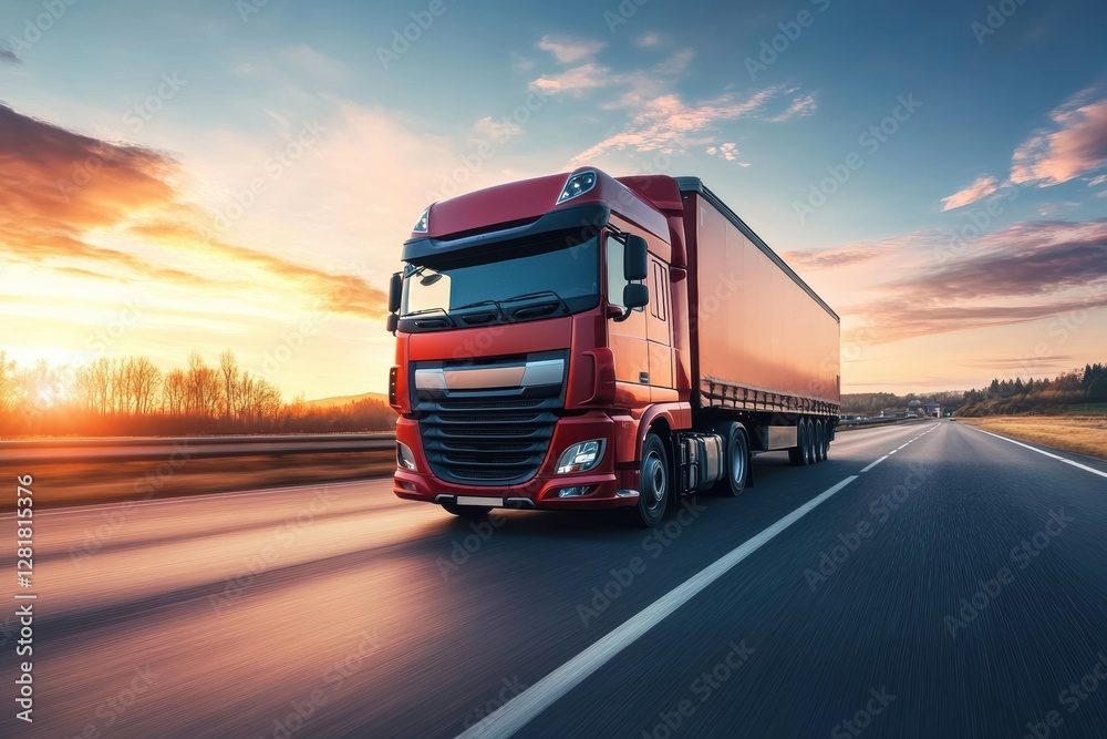 Truck driving along an open highway at sunset surrounded by trees and a colorful sky. Generative AI Truck driving along an open highway at sunset surrounded by trees and a colorful sky. Generative AI