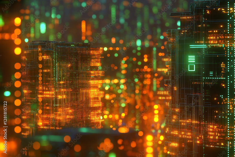 Obraz premium Printed circuit board futuristic server, Circuit board futuristic server code processing. Orange, green, blue technology background with bokeh. 3d rendering