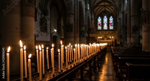 Illuminating faith a row of candles burning brightly in a church sanctuary