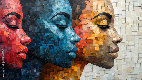 Abstract Multicultural Faces Mosaic with Watercolor Patterns and Empowerment Quote Space on White Background