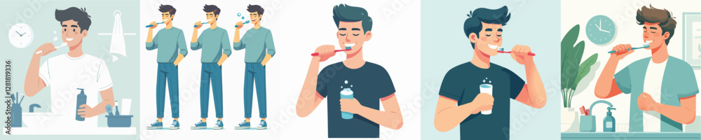 vector set of young men brushing their teeth vector set of young men brushing their teeth