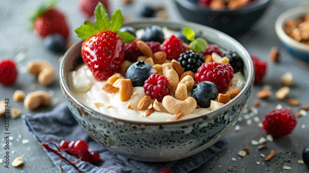 Delicious berry and nut yogurt bowl for a healthy breakfast concept Delicious berry and nut yogurt bowl for a healthy breakfast concept