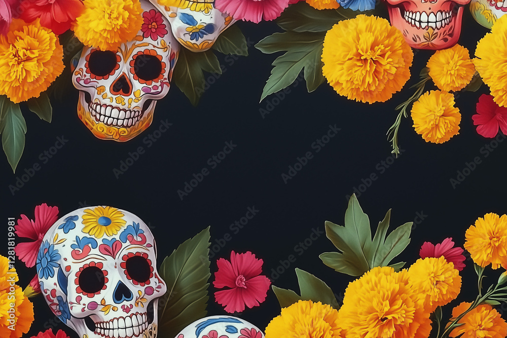 Day of the Dead Floral Frame: A vibrant and decorative illustration for Day of the Dead, featuring beautifully decorated sugar skulls, marigold flowers, and other colorful floral elements. Day of the Dead Floral Frame: A vibrant and decorative illustration for Day of the Dead, featuring beautifully decorated sugar skulls, marigold flowers, and other colorful floral elements.