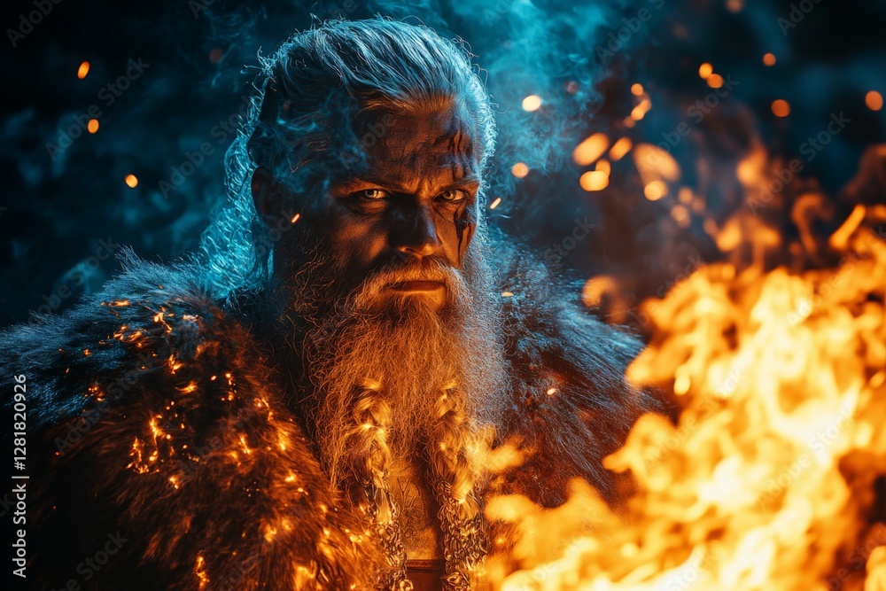 Viking warrior stands defiantly in front of roaring flames, showcasing power in a mystical forest at dusk Viking warrior stands defiantly in front of roaring flames, showcasing power in a mystical forest at dusk