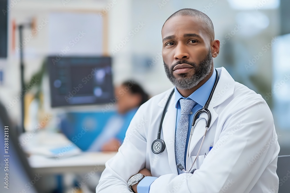 Professional medical doctor in white coat and blue shirt with stethoscope standing in modern hospital office with confident expression Professional medical doctor in white coat and blue shirt with stethoscope standing in modern hospital office with confident expression