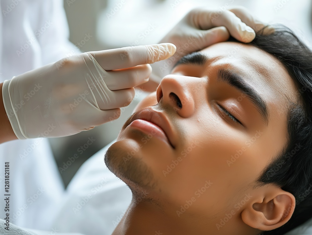 Naklejka premium Professional dermatological examination with latex gloves performing detailed facial skin inspection in modern medical clinic setting