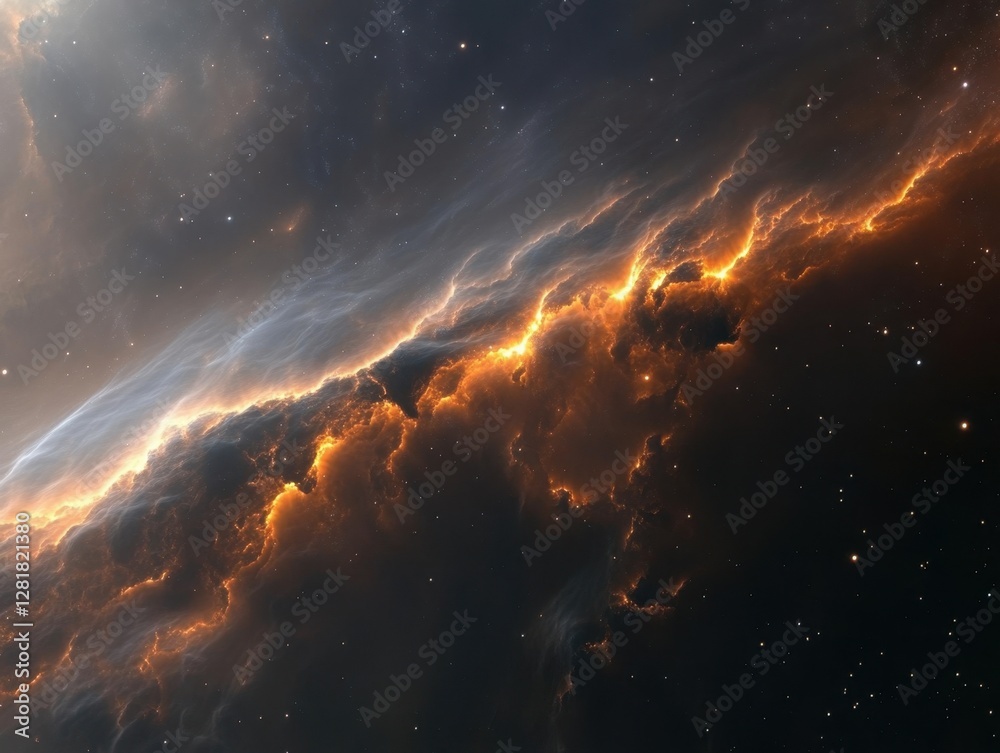 Fototapeta premium Ethereal celestial cloudscape with radiant orange glow and stardust against cosmic void backdrop for space exploration