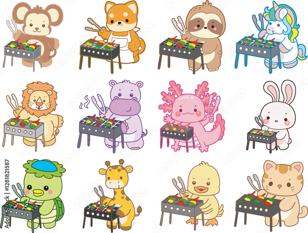 Fototapeta premium Set Vector Stock Illustrations Isolated of Baby Animals. Cute animals with various activities. Funny sticker of animal kids.