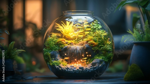 Miniature waterfall cascading in illuminated glass terrarium with lush greenery photo