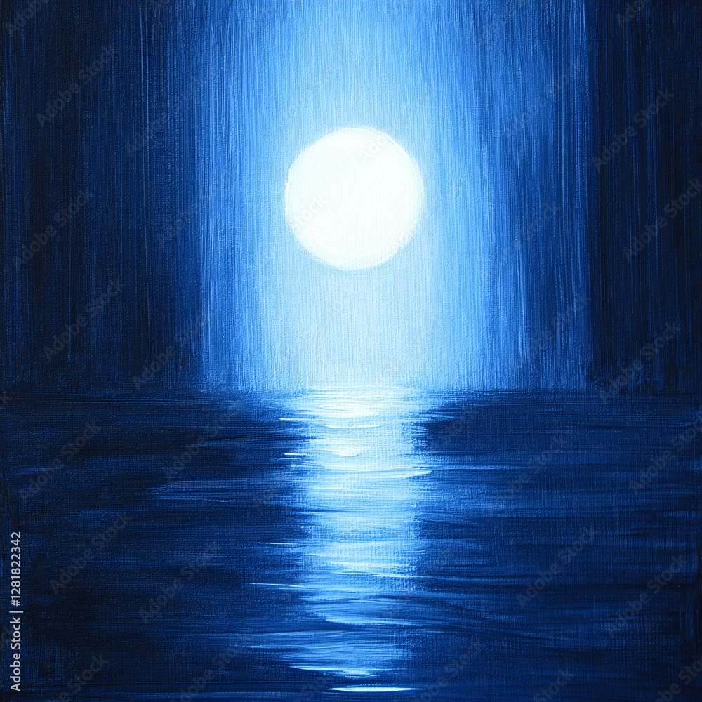 Fototapeta premium Abstract Moonlit Landscape Painting with Atmospheric Lighting and Dreamy Water Reflections, Creating a Mysterious and Tranquil Mood