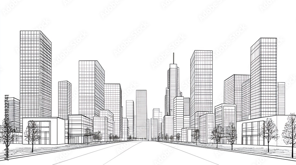 Urban Cityscape Outline with Skyscrapers and Trees in Perspective Urban Cityscape Outline with Skyscrapers and Trees in Perspective