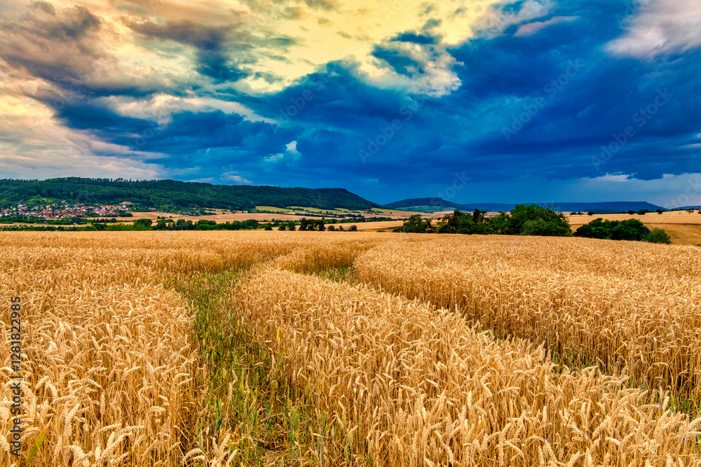 View of a wheat field against a beautiful sunset sky. Rural landscapes landscapes under bright sunlight.