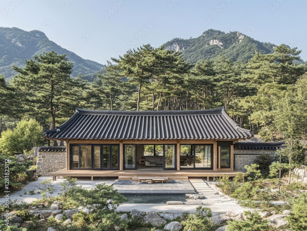 A traditional Korean style house is shown surrounded by mountains A traditional Korean style house is shown surrounded by mountains