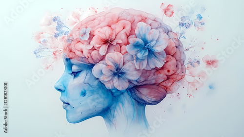 Watercolor Floral Brain Illustration with Pastel Pink and Blue Tones for Mindfulness and Mental Health Awareness Poster