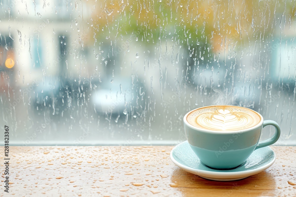 Obraz premium Latte with intricate art rests near rain-speckled window, evoking feelings of comfort and relaxation. The wet wooden surface and blurred cityscape outside add depth to the peaceful moment.