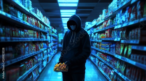 Masked thief stealing snacks in supermarket aisle at night