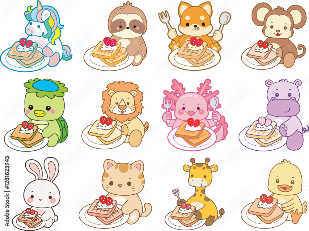 Obraz premium Set Vector Stock Illustrations Isolated of Baby Animals. Cute animals with various activities. Funny sticker of animal kids.