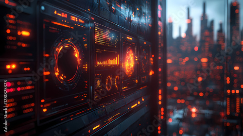 Holographic Analytics Dashboard Floating Over Cyberpunk City Reflection with Glowing Data Lines and Dark Futuristic Background