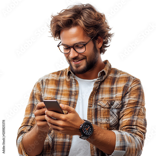 Smiling man using smartphone, casual style isolated on transparent background