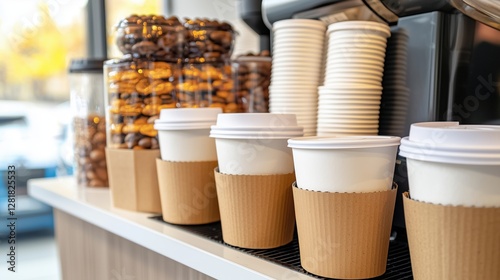 A self-service coffee station with cups and lids, advertising style, copy space. photo