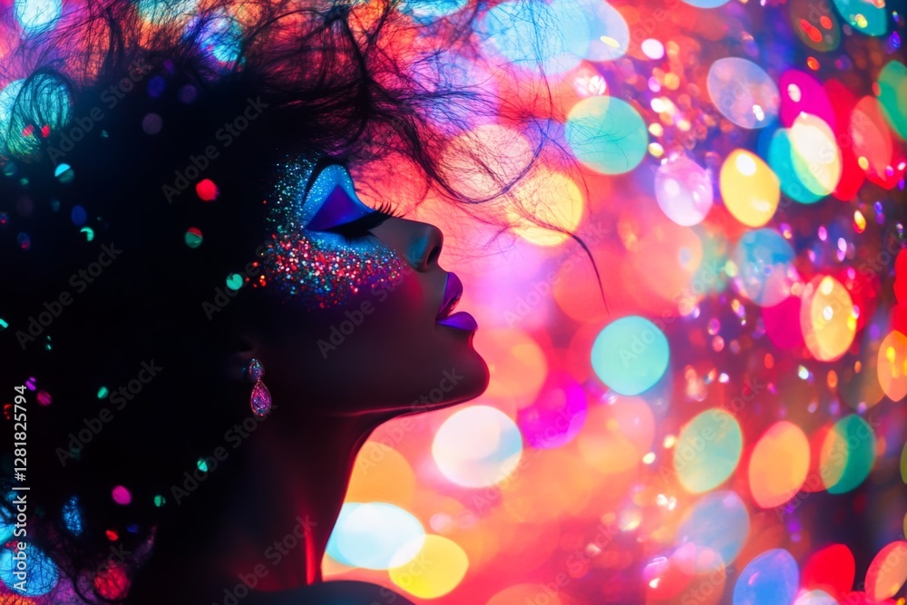 Portrait of a person with vibrant makeup and sparkling glitter, set against a backdrop of colorful bokeh lights during a festive night event Portrait of a person with vibrant makeup and sparkling glitter, set against a backdrop of colorful bokeh lights during a festive night event
