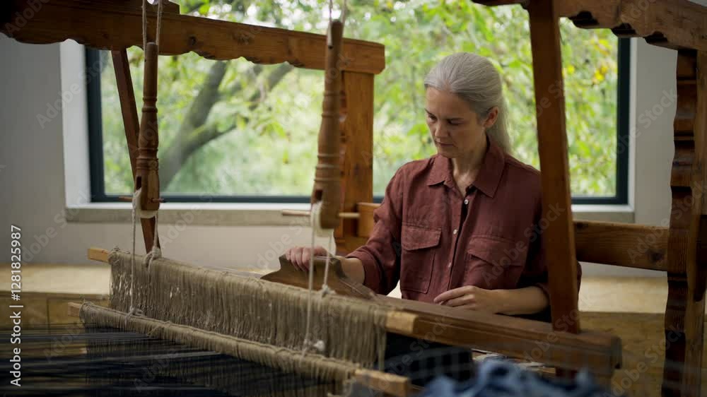 A woman in a weaving course is learning to weave on a loom. New Year's resolutions, developing personal creativity. A woman in a weaving course is learning to weave on a loom. New Year's resolutions, developing personal creativity.