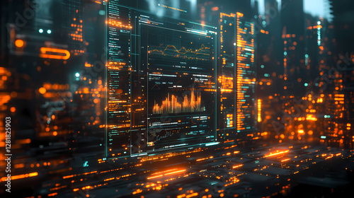 Holographic Analytics Dashboard Floating Over Cyberpunk City Reflection with Glowing Data Lines and Dark Futuristic Background