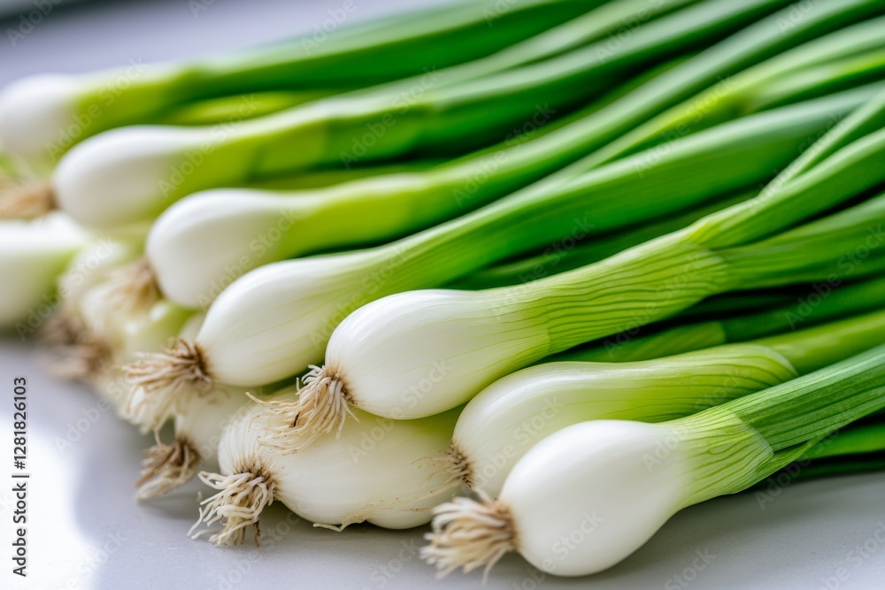 Fresh green onions arranged neatly on a white surface ready for cooking or garnishing dishes Fresh green onions arranged neatly on a white surface ready for cooking or garnishing dishes