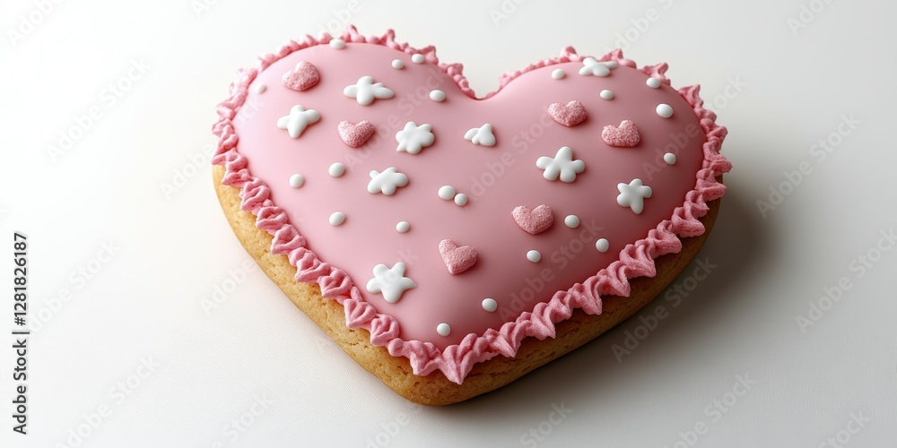 Delicious pink heart-shaped cookie decorated with icing and sprinkles for a festive celebration Delicious pink heart-shaped cookie decorated with icing and sprinkles for a festive celebration