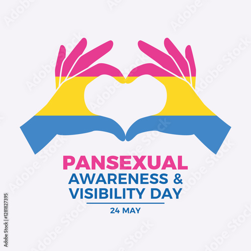 Pansexual Awareness and Visibility Day poster vector illustration. Hand heart gesture pansexual pride flag icon. LGBT pansexual love hands symbol. Template for background, banner, card. 24 May