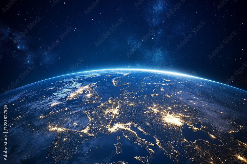 Obraz premium Communication and Telecommunications from Space. Broadcasting, Concept. Communication satellite flies near the night planet earth with night lights of megacities in space with stars