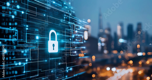 Digital security symbols with padlock on city background, representing cybersecurity and data protection. image conveys sense of safety and technology