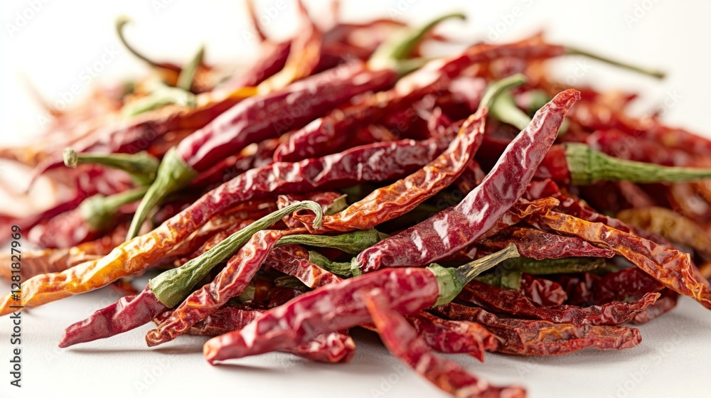 Dried red chili peppers arranged in a vibrant pile showcasing their rich color and texture Dried red chili peppers arranged in a vibrant pile showcasing their rich color and texture
