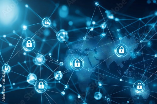 Digital network with interconnected locks and world map background