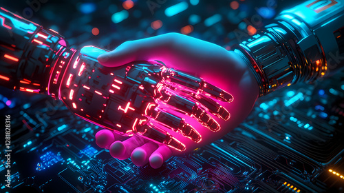 Futuristic Robot and Human Handshake with Circuit Board Texture and Neon Blue-Purple Lighting in Cinematic Cybernetic Theme