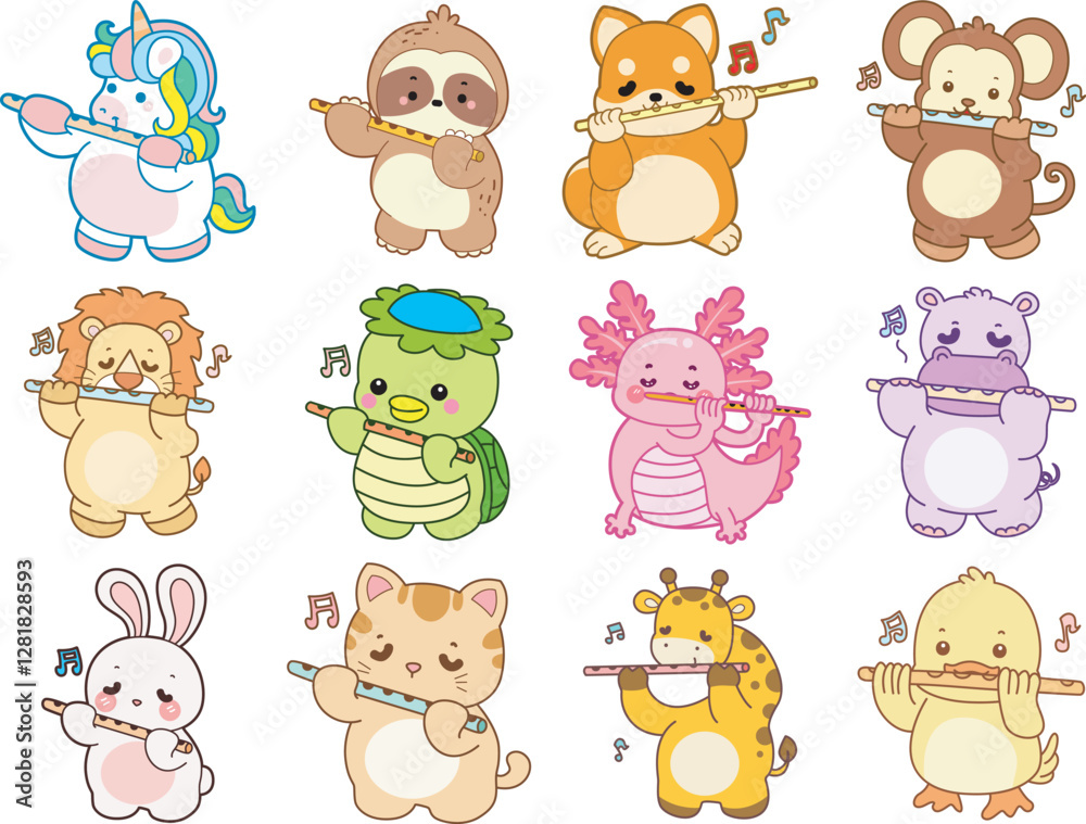 Fototapeta premium Set Vector Stock Illustrations Isolated of Baby Animals. Cute animals with various activities. Funny sticker of animal kids.