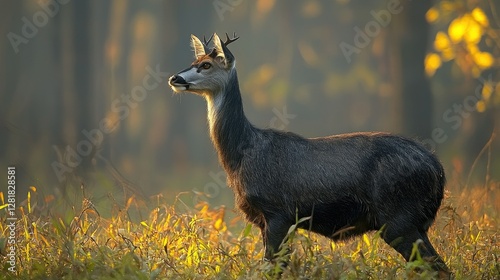 A solitary musk deer stands proudly among the forest grass